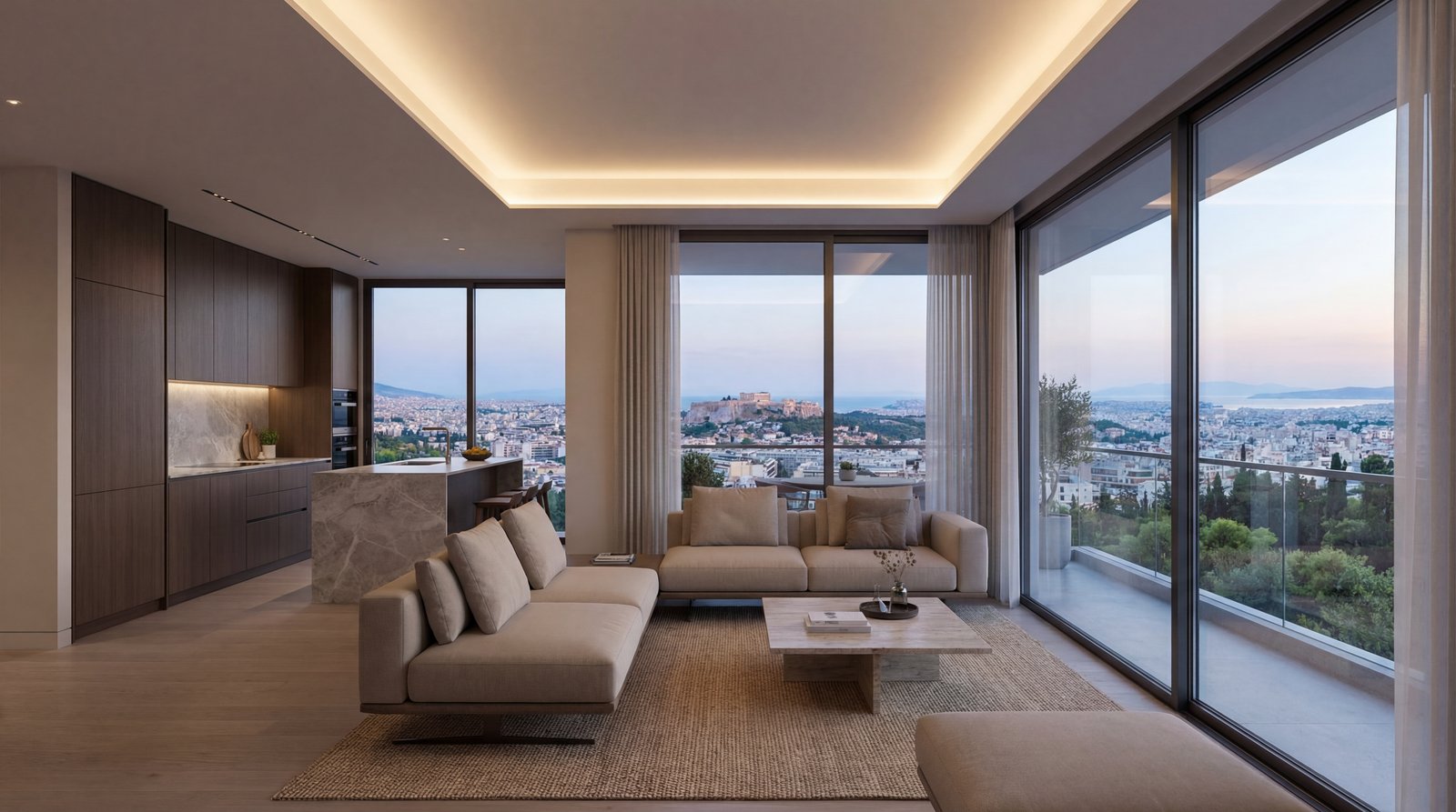 A living room at dusk, the city lighting up beyond the balcony