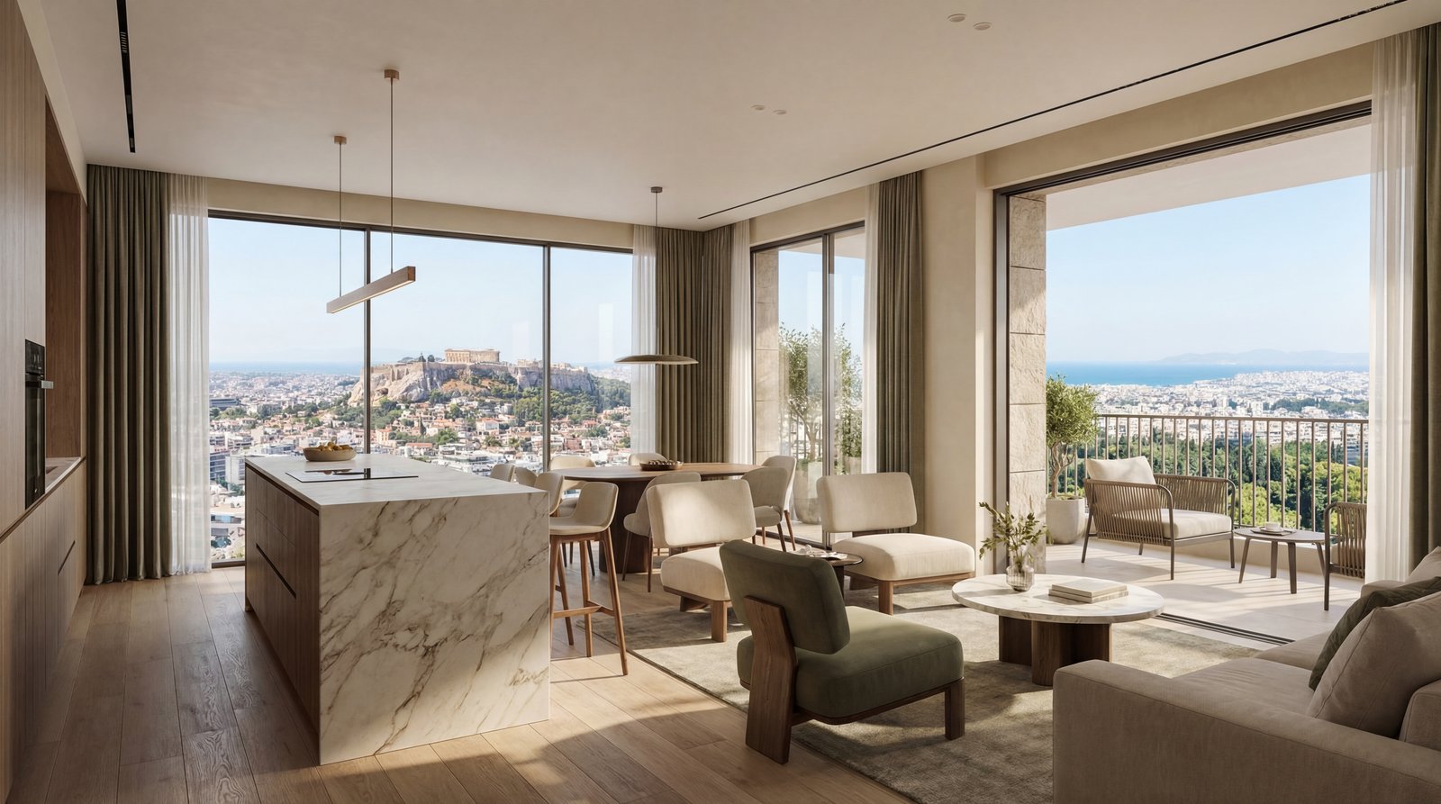 The open kitchen and living room, the Acropolis across the city