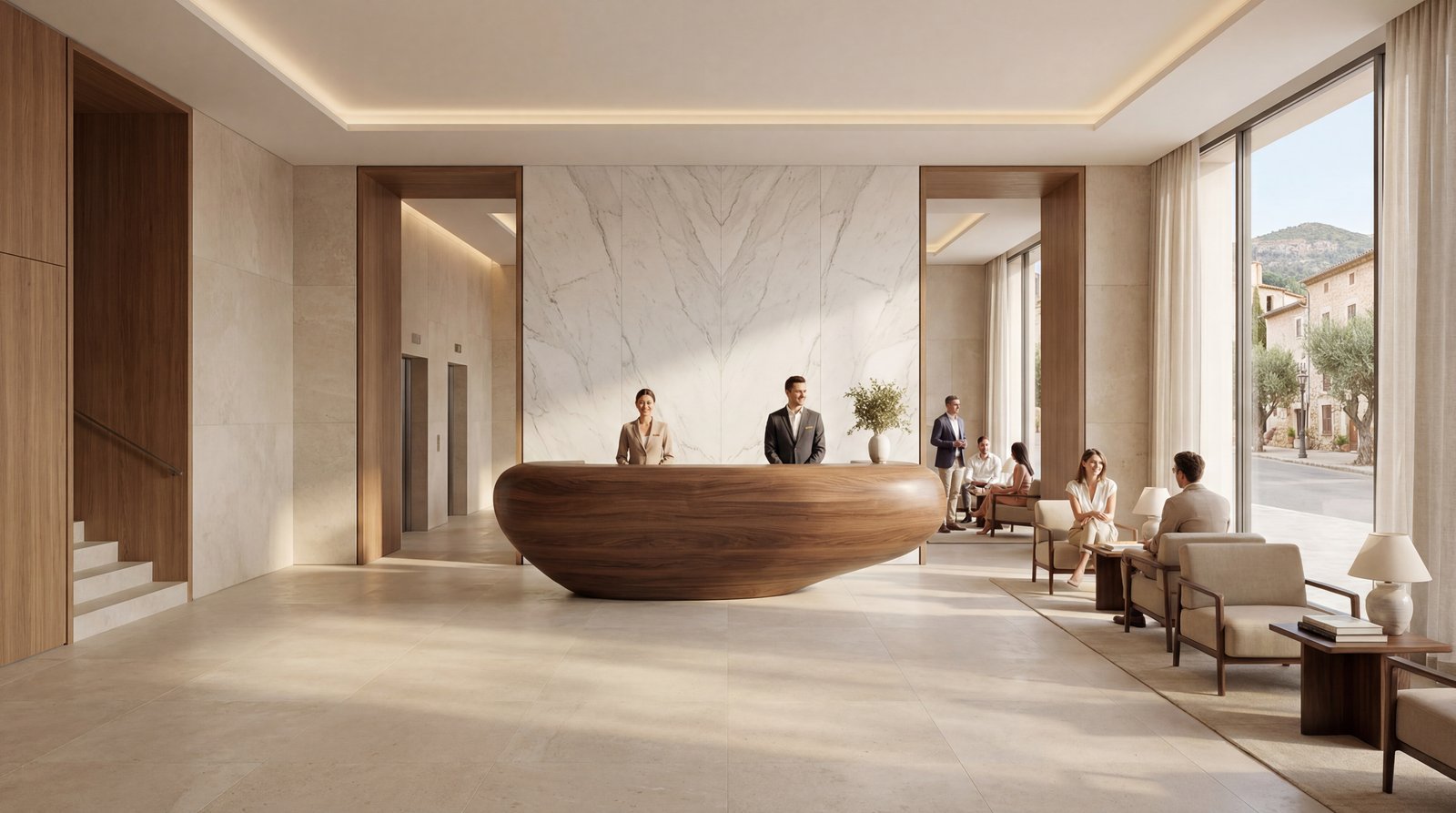 The entrance hall, stone, walnut and marble in the Athens light