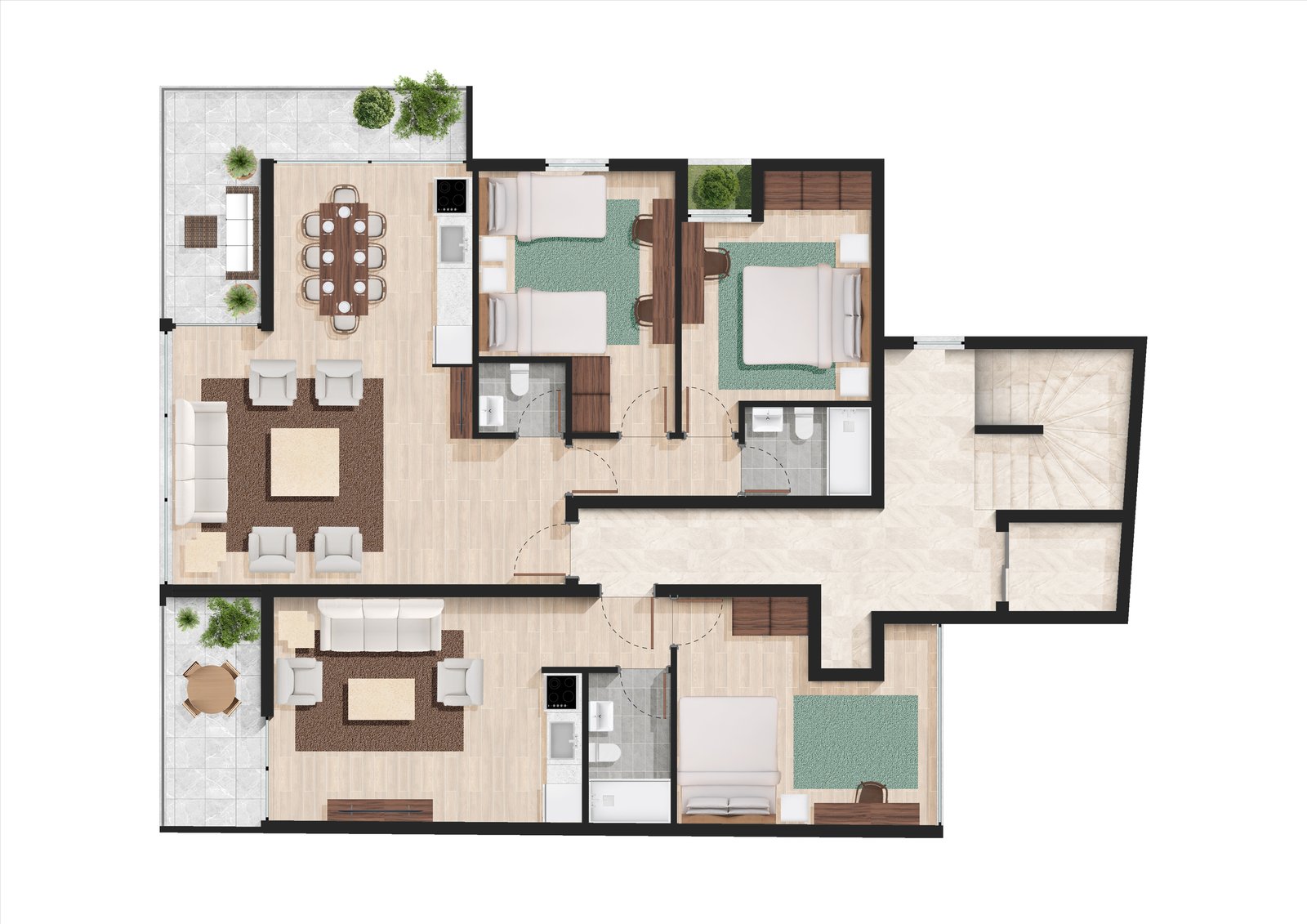Plan of floors one to three, two apartments around the fixed core