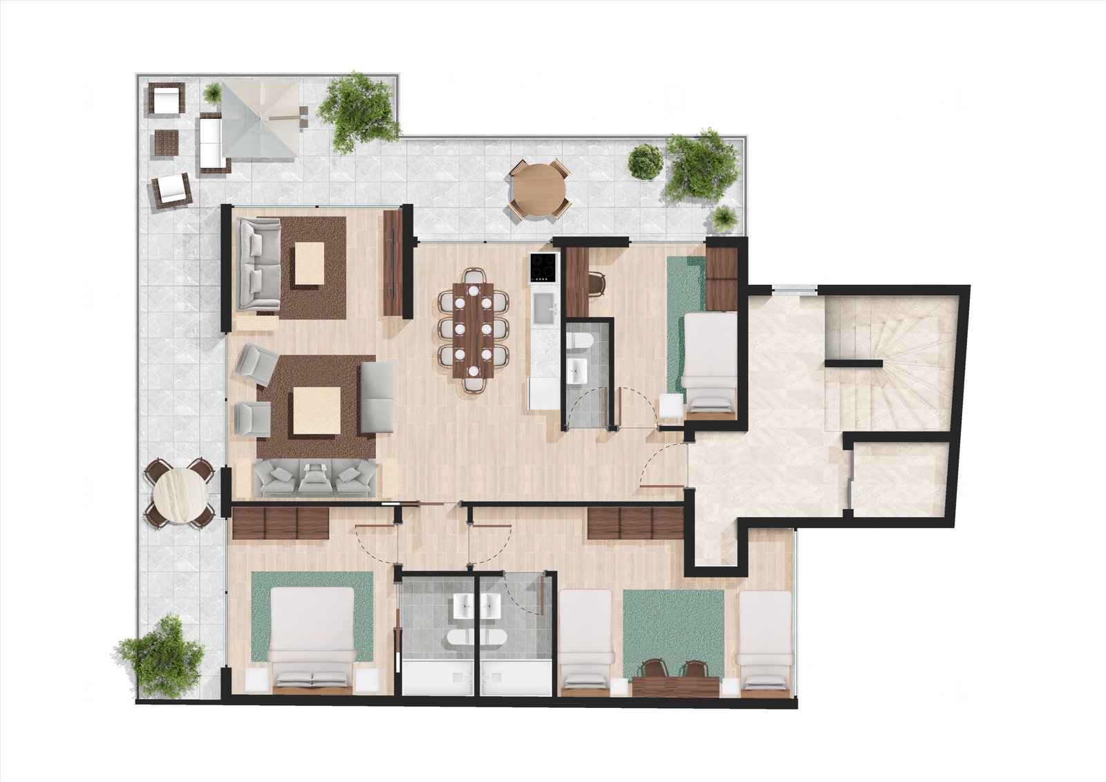 Plan of the fourth floor, a single apartment wrapping the core