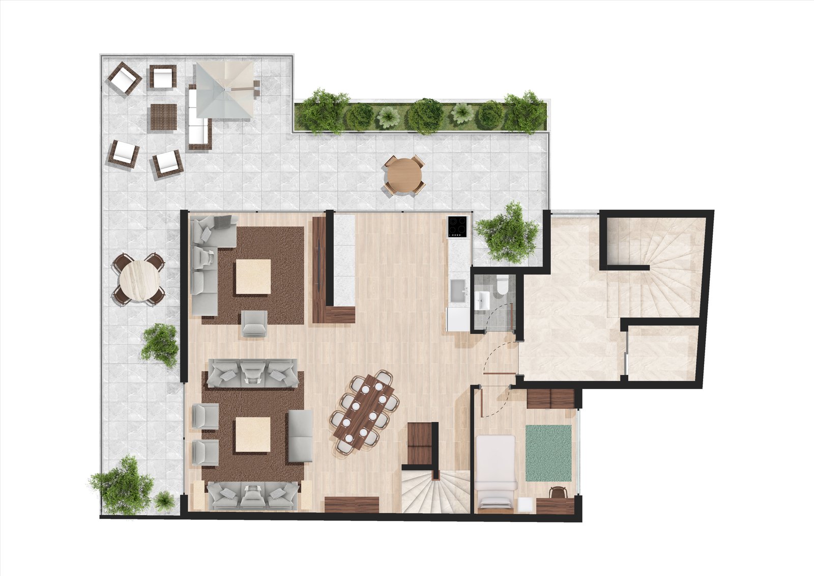 Plan of the fifth floor, the lower level of the penthouse
