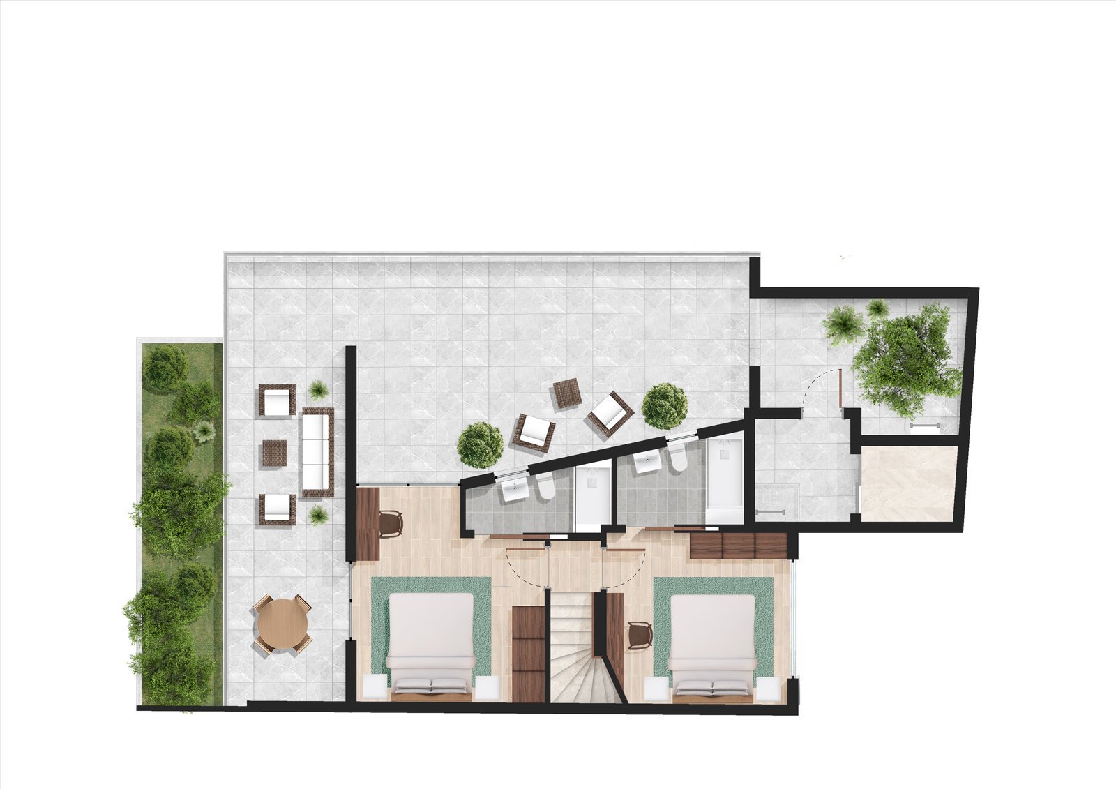 Plan of the sixth floor, the upper level of the penthouse with its roof garden