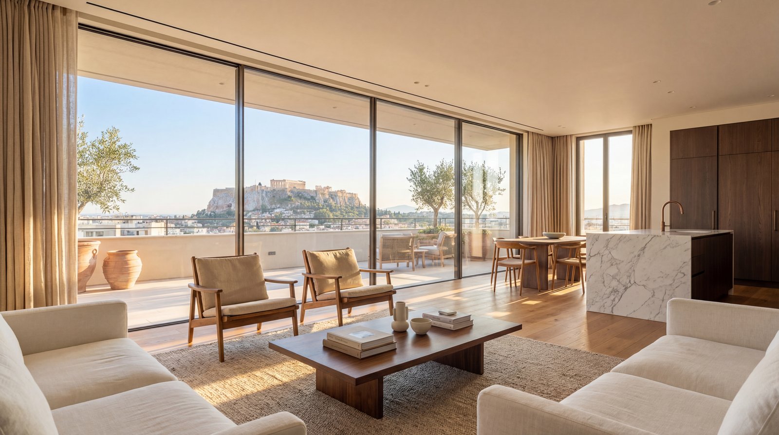 A living room opening to its terrace, the Acropolis in the frame of the window