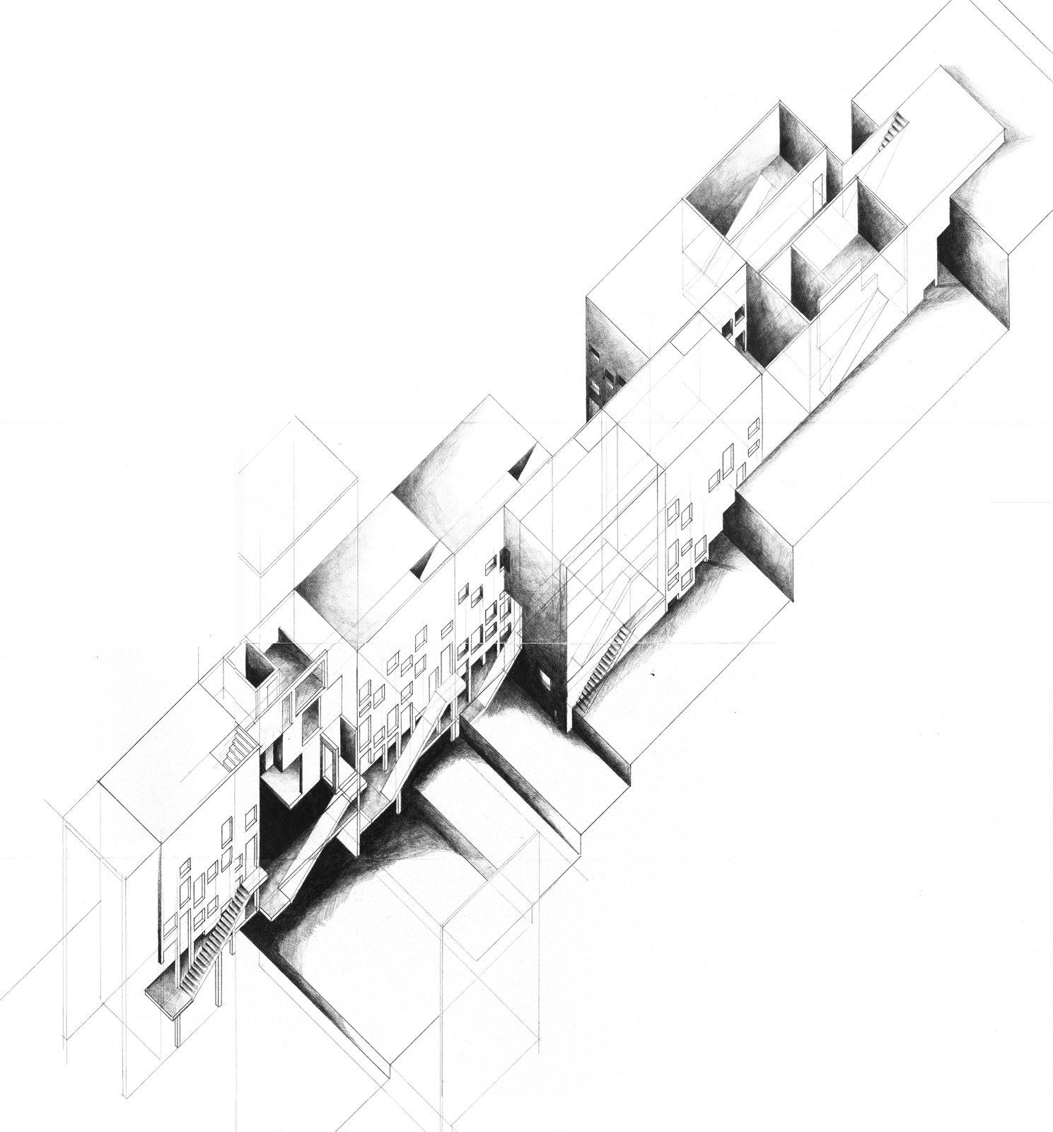 Graphite axonometric of the stacked dwellings, mass, void and shadow