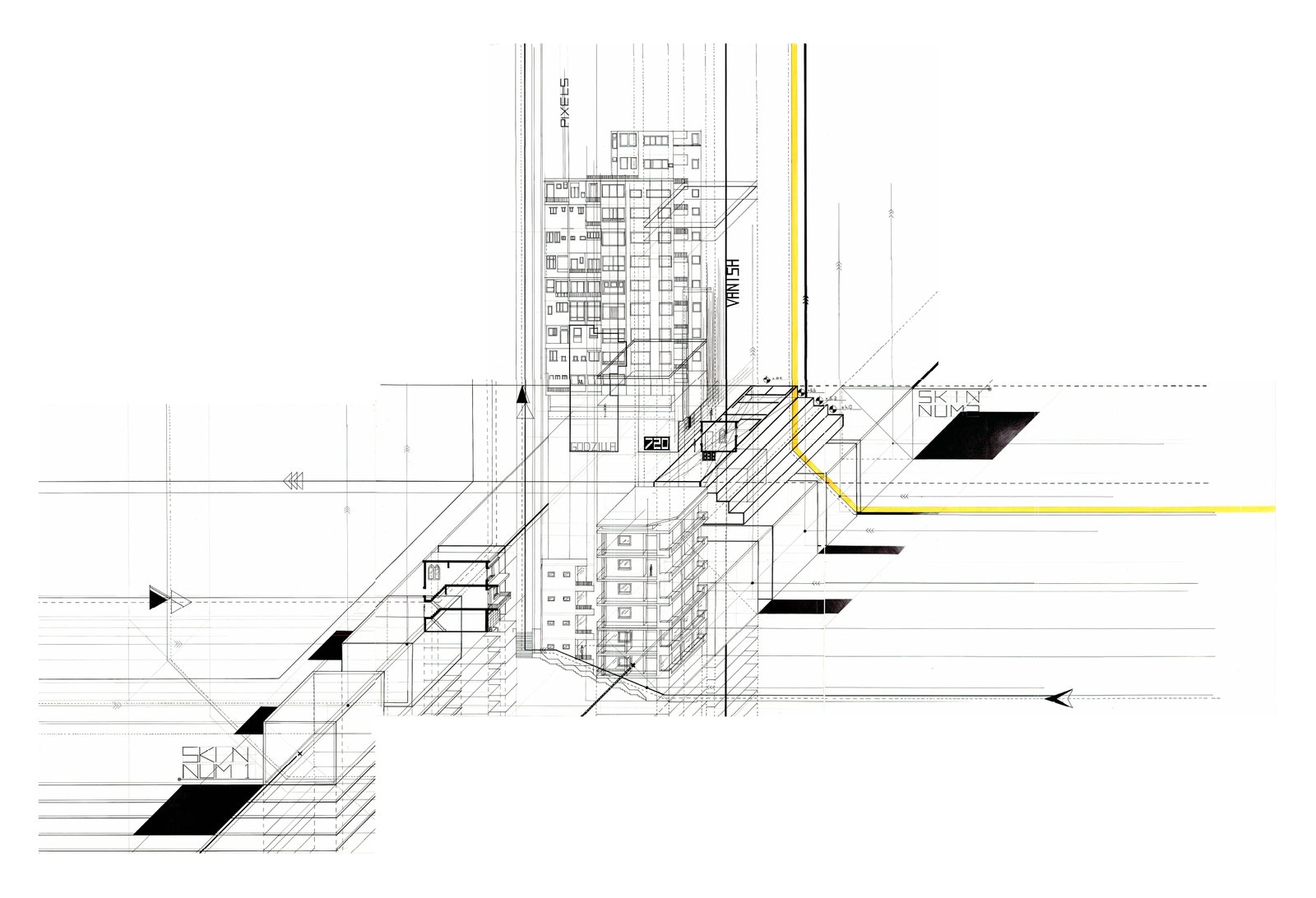 Hand drawn ink axonometric of the skins, with the vanishing sequence and the yellow line of the route