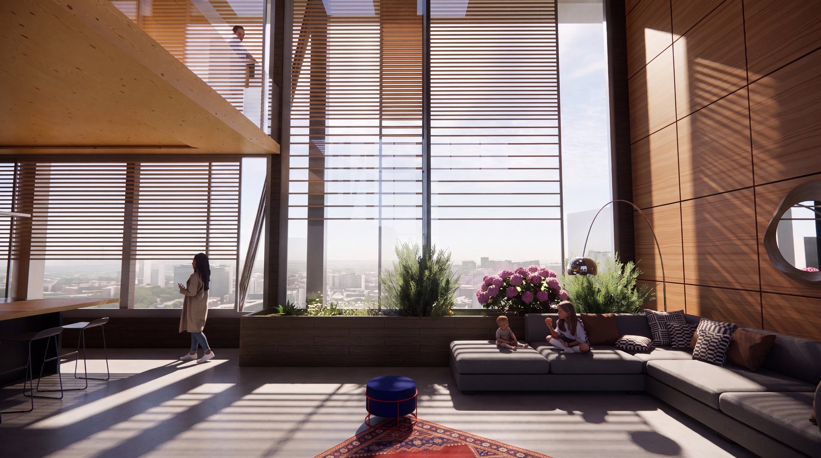 A double height room inside the bridge, timber screens filtering the western light over the city