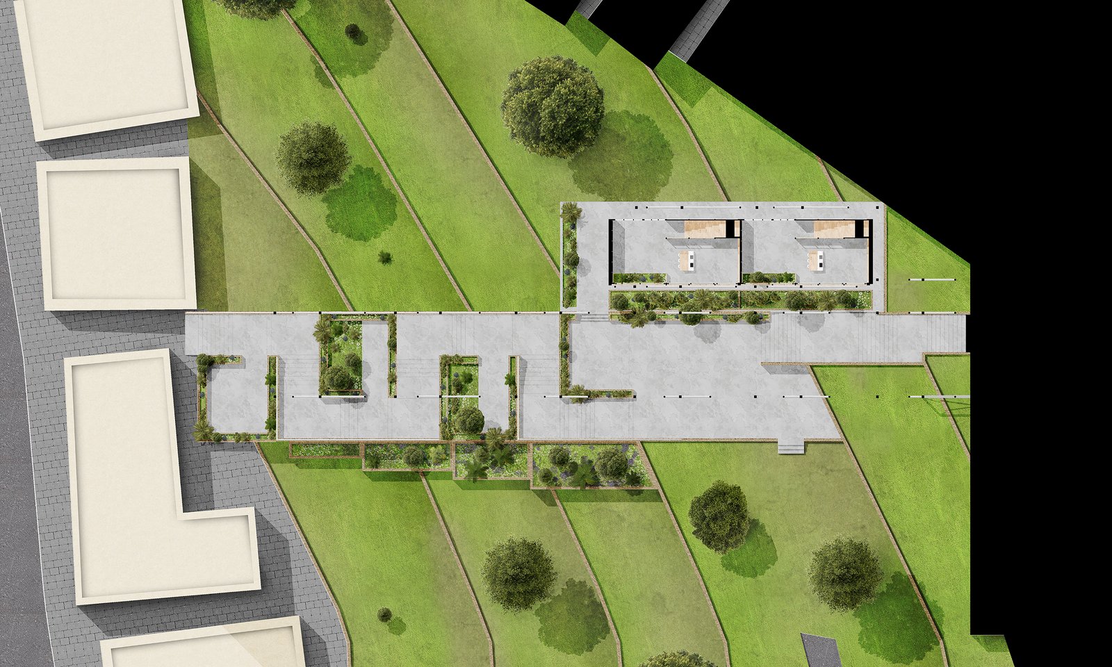 Plan of the bridge stepping across the terraced site between the two streets