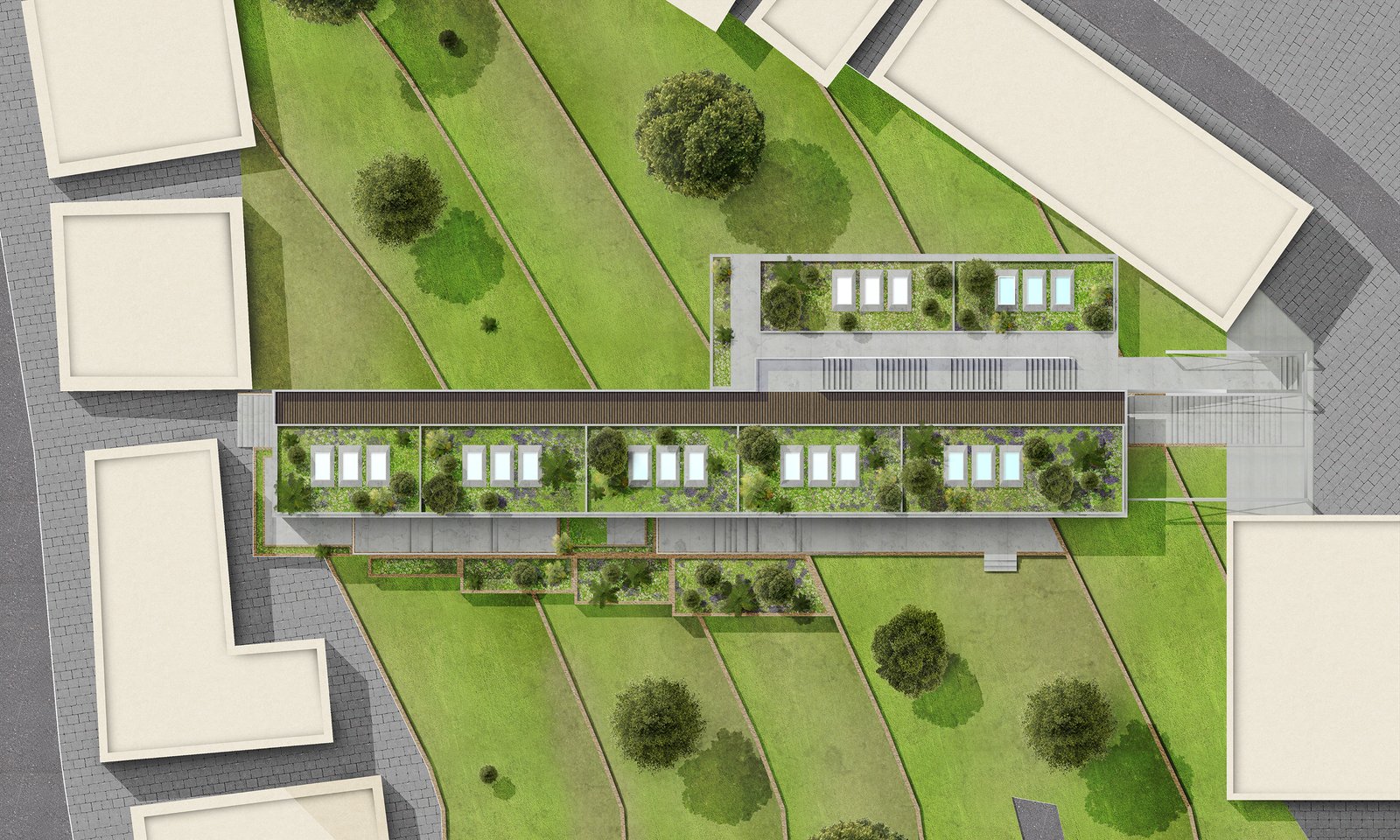 Roof plan, the rhythm of skylights over the rooms