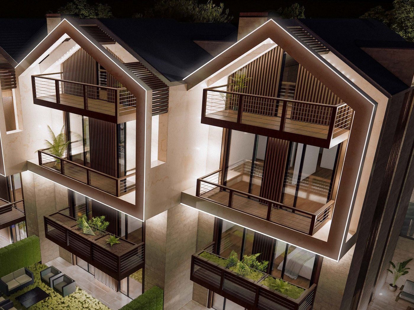 Faraya 4615, detail of the glowing gabled frames at dusk