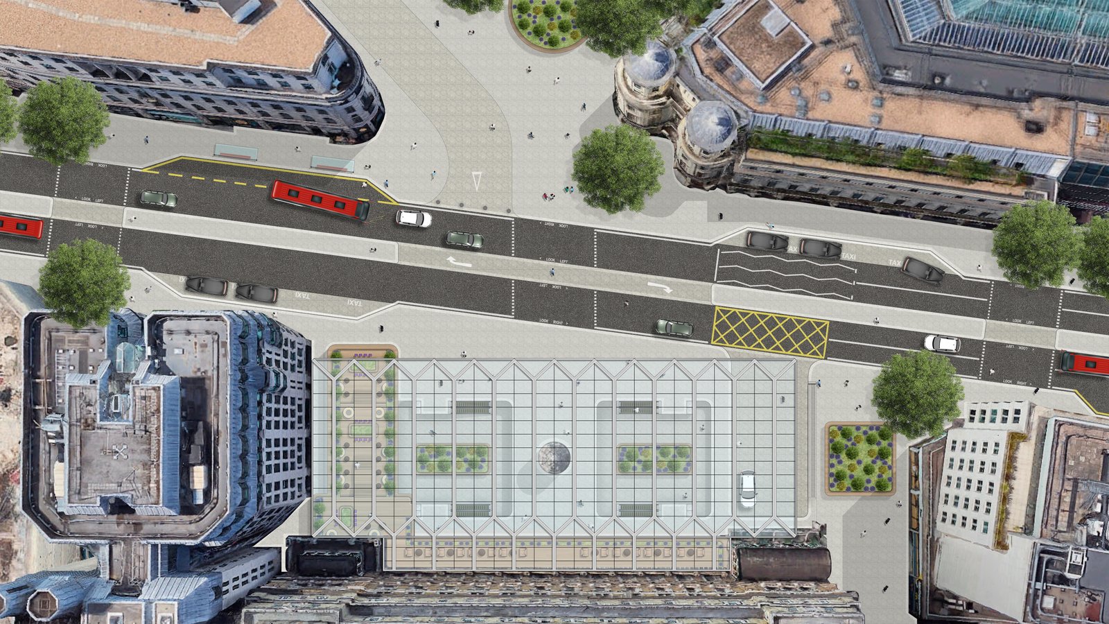 Roof plan, the glazed gabled canopy drawn from the rhythm of the station roof