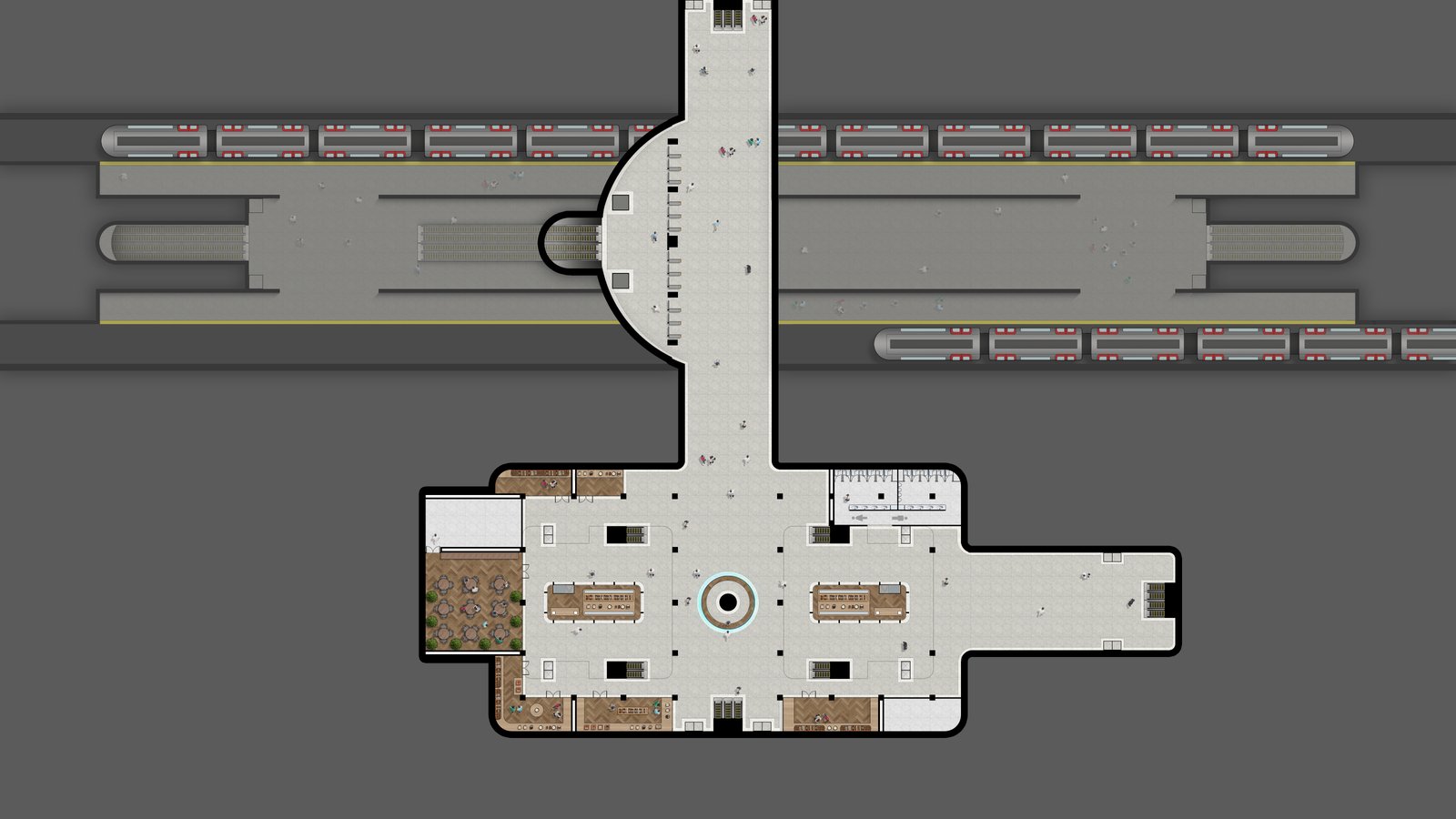 Concourse level plan, the retail room threading to the Underground and the platforms