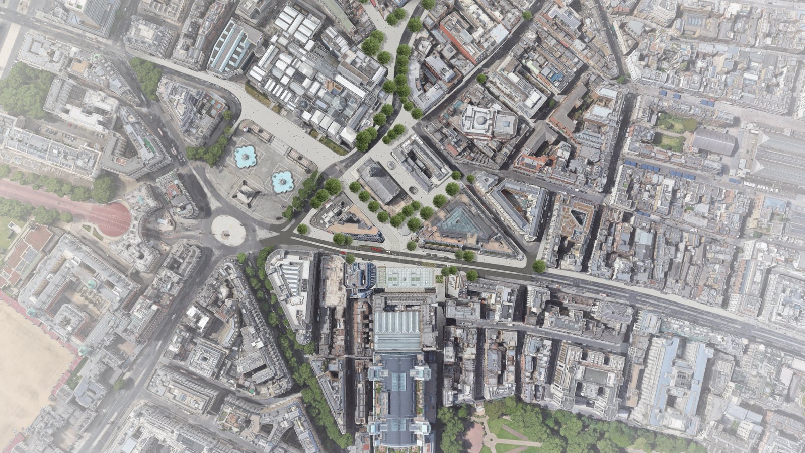 Aerial site plan, the scheme between Trafalgar Square and the Strand