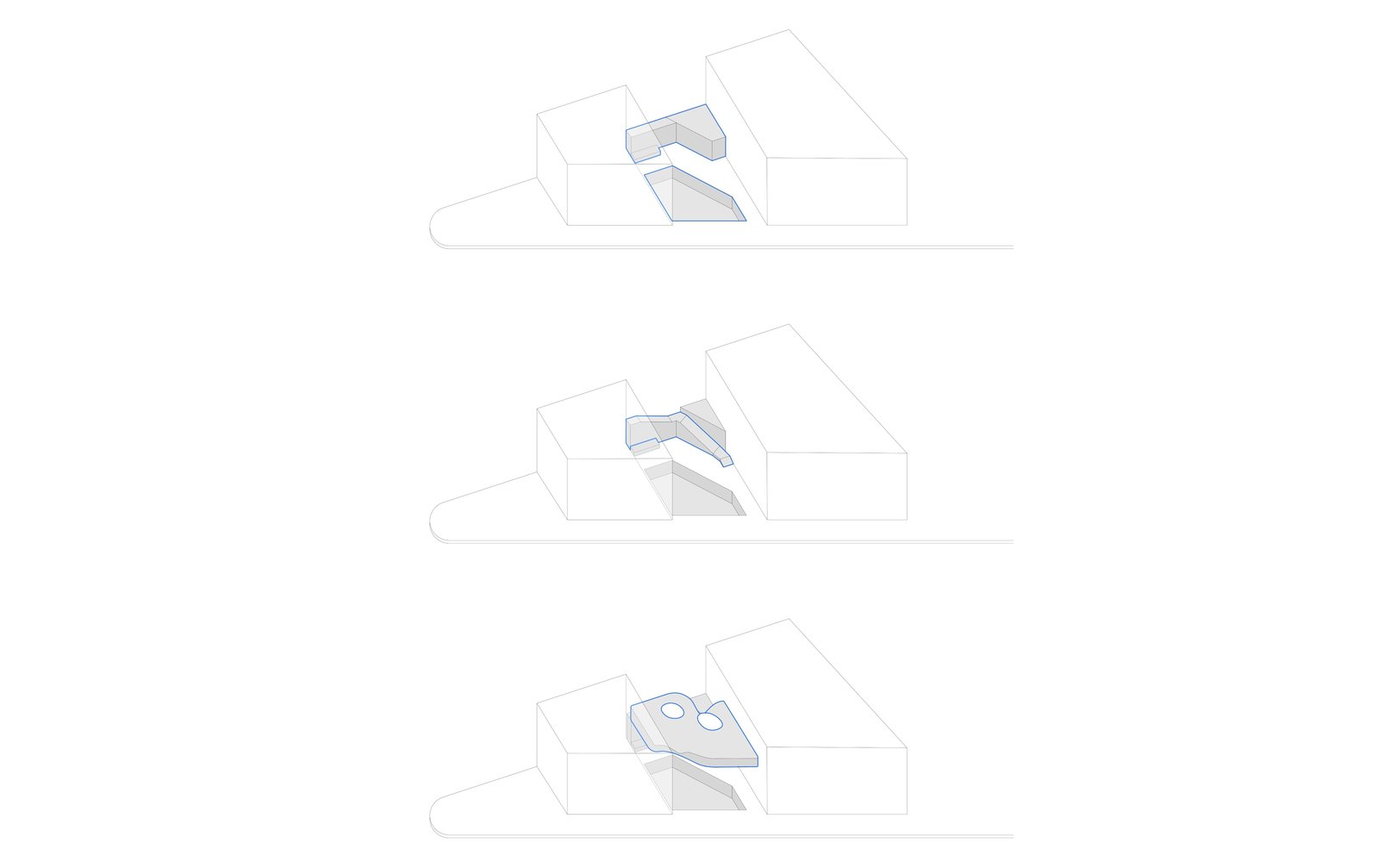 Massing in three steps: extruded volume between the party walls, the spiral stair, the floating library
