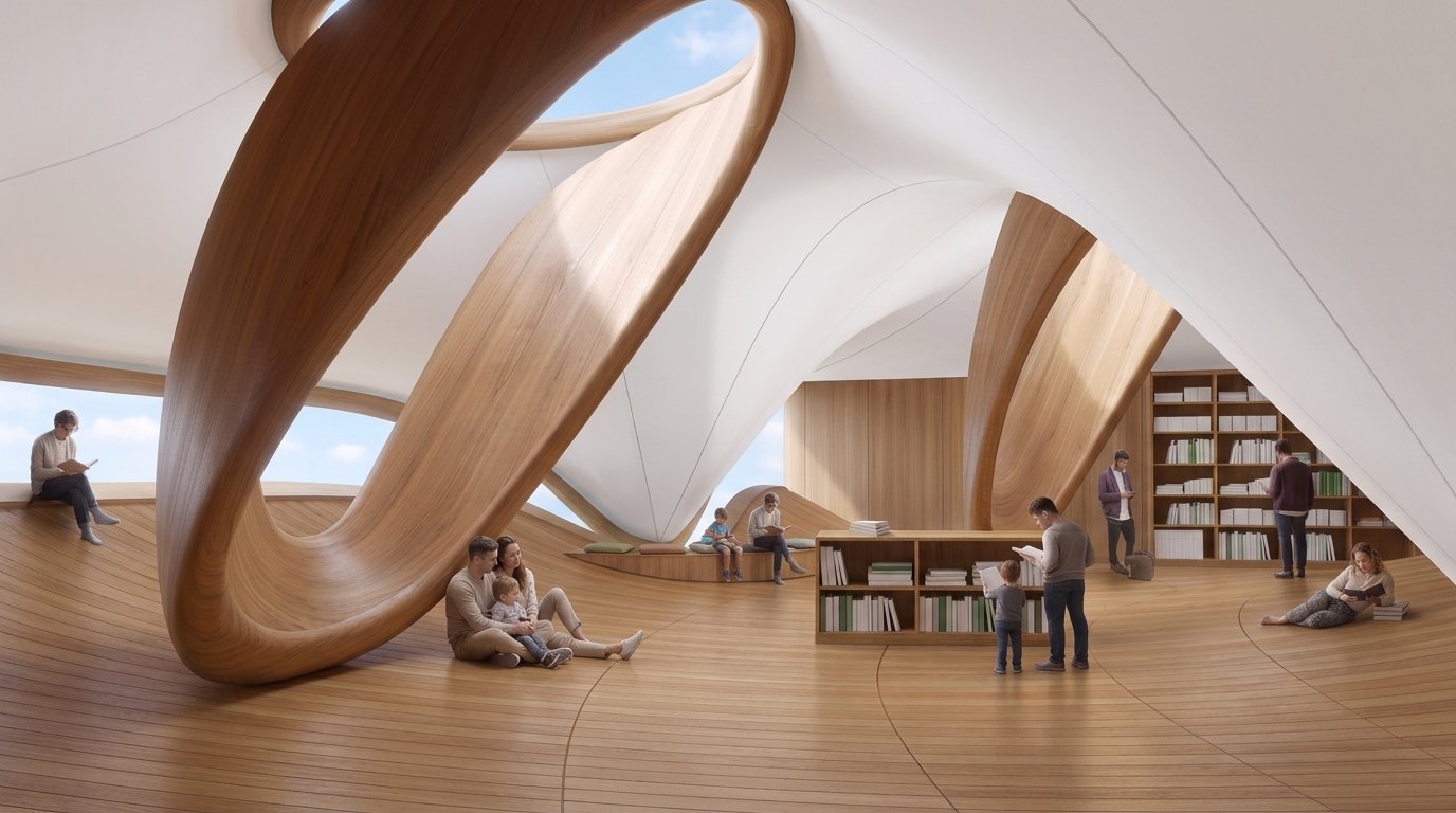 Inside the library, the curled timber floor and the membrane roof with its openings to the sky