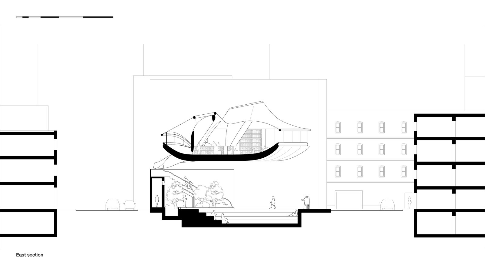 East section through the piazza and the suspended library
