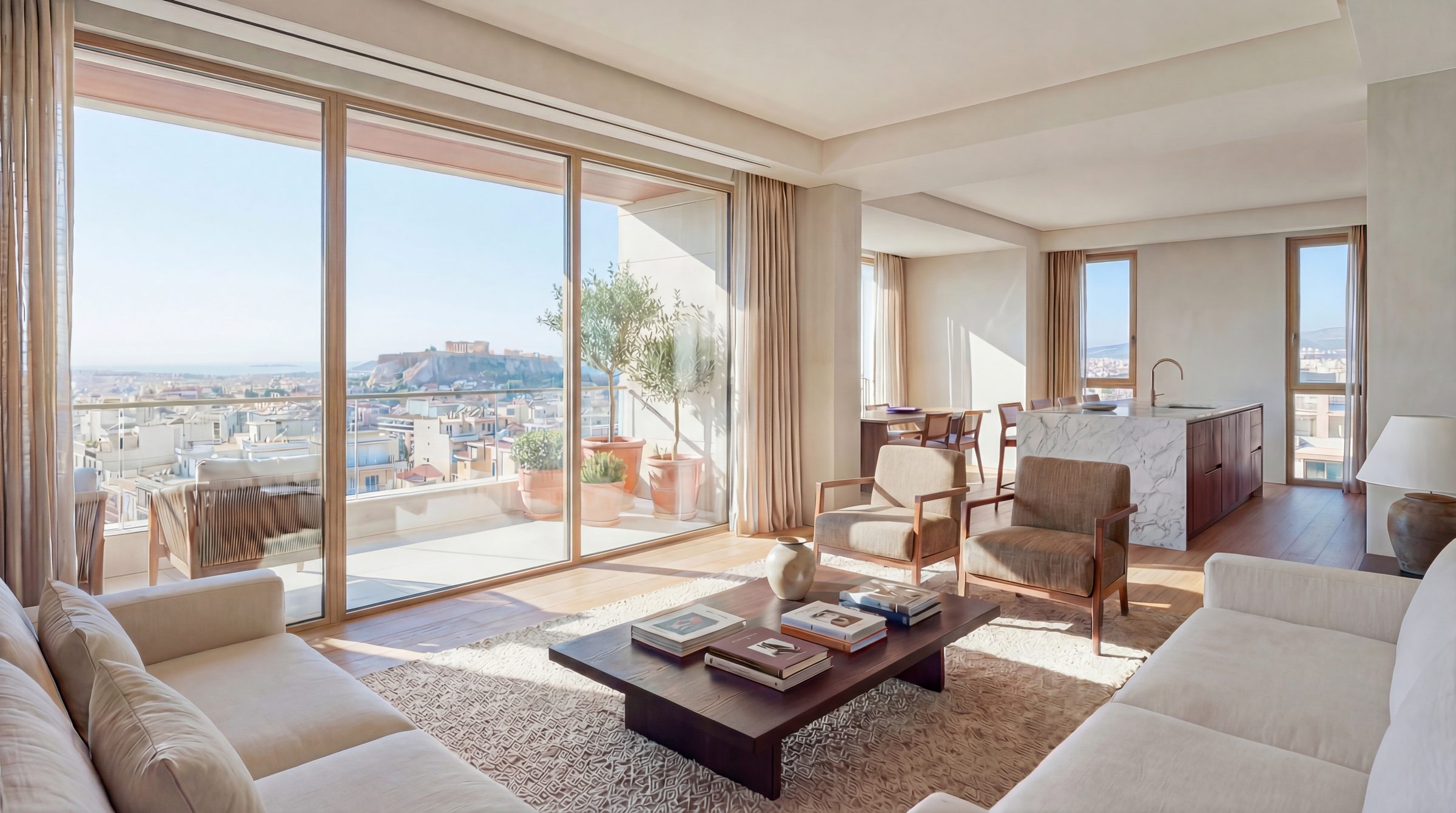 A living room and terrace toward the Acropolis