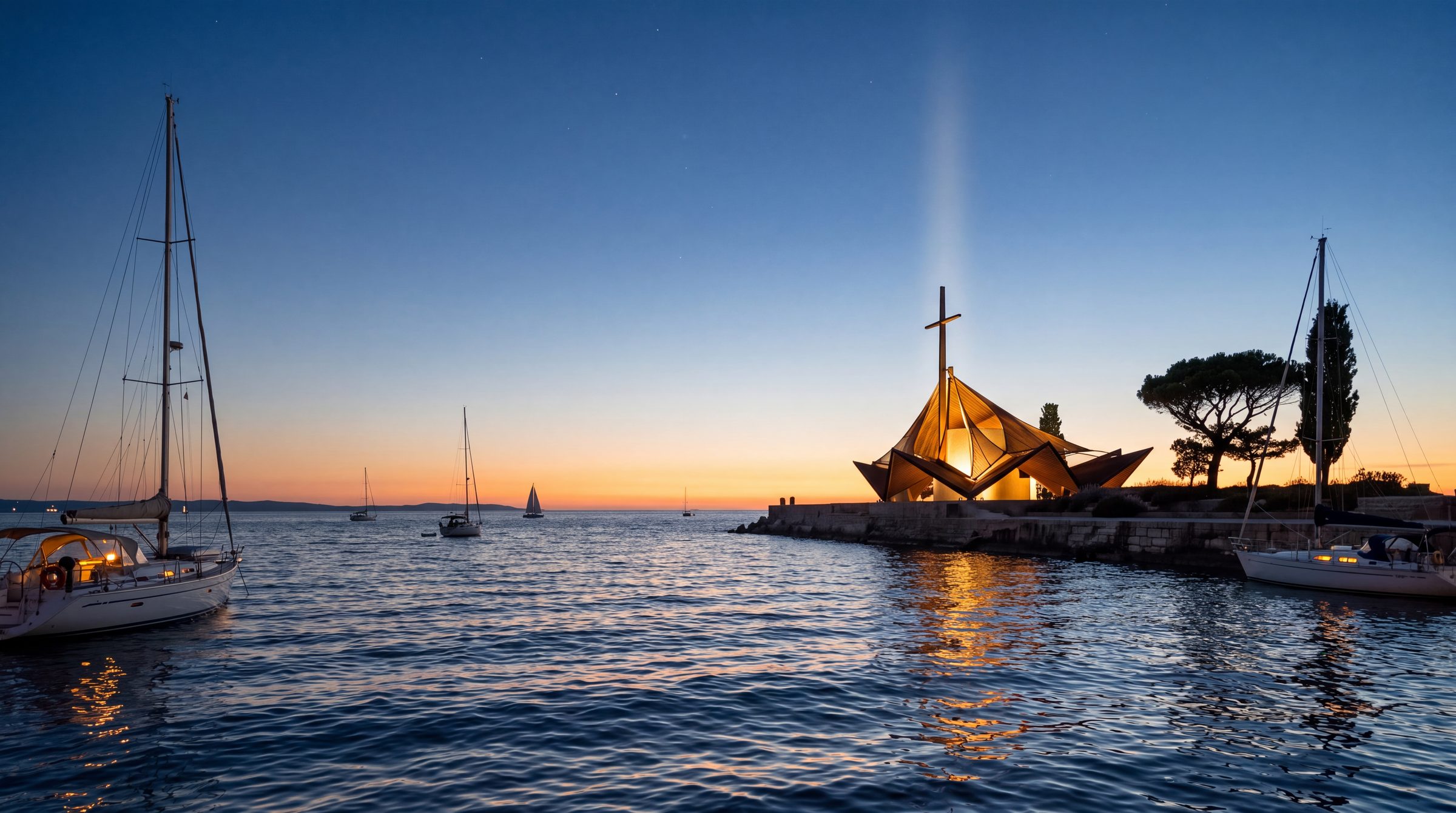 The chapel from the water at blue hour