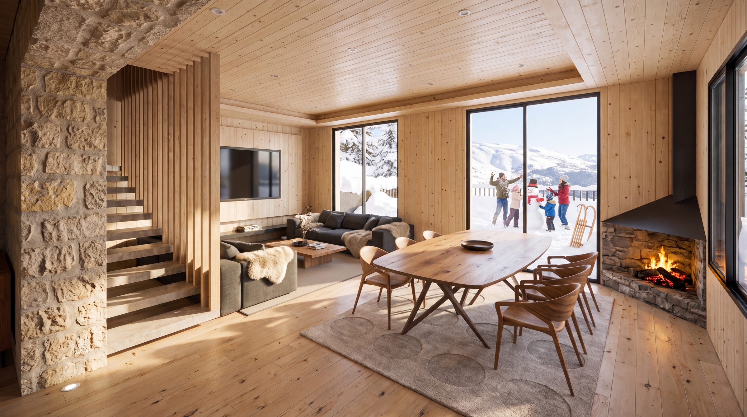 A chalet living room, snow outside