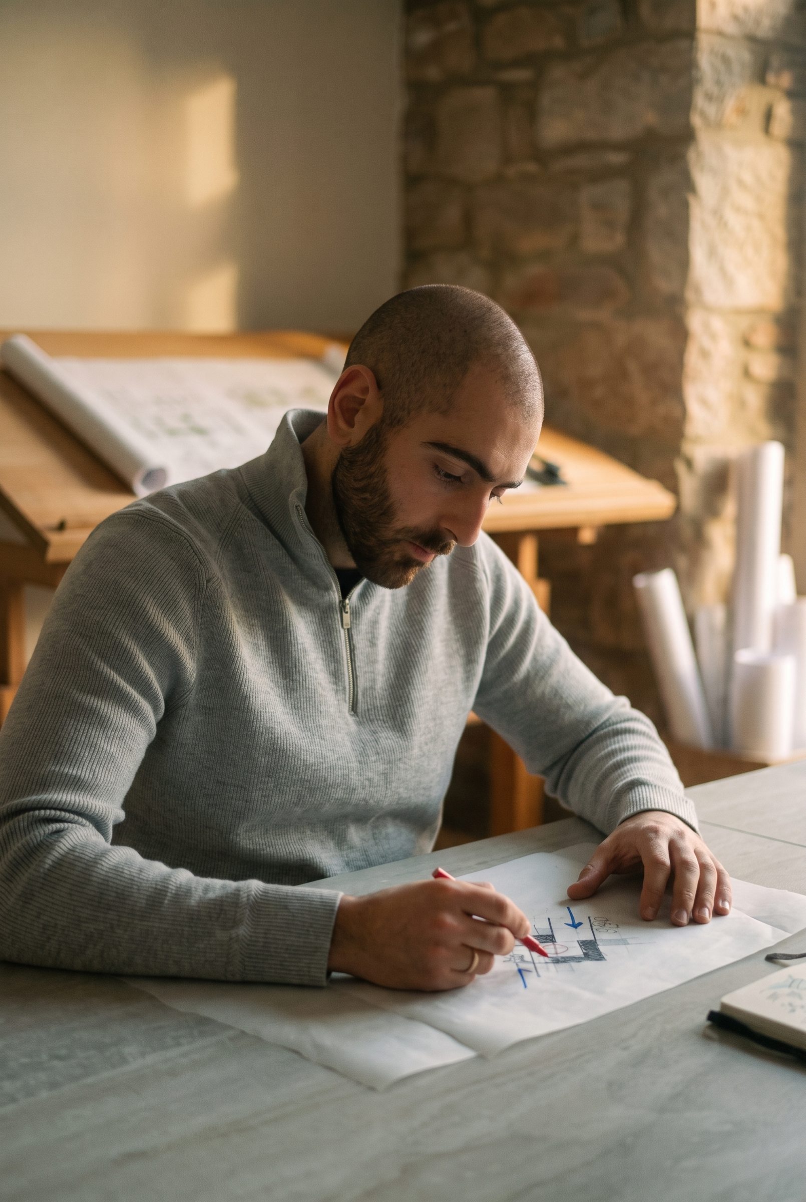 Pierre Zebouni at his drawing table