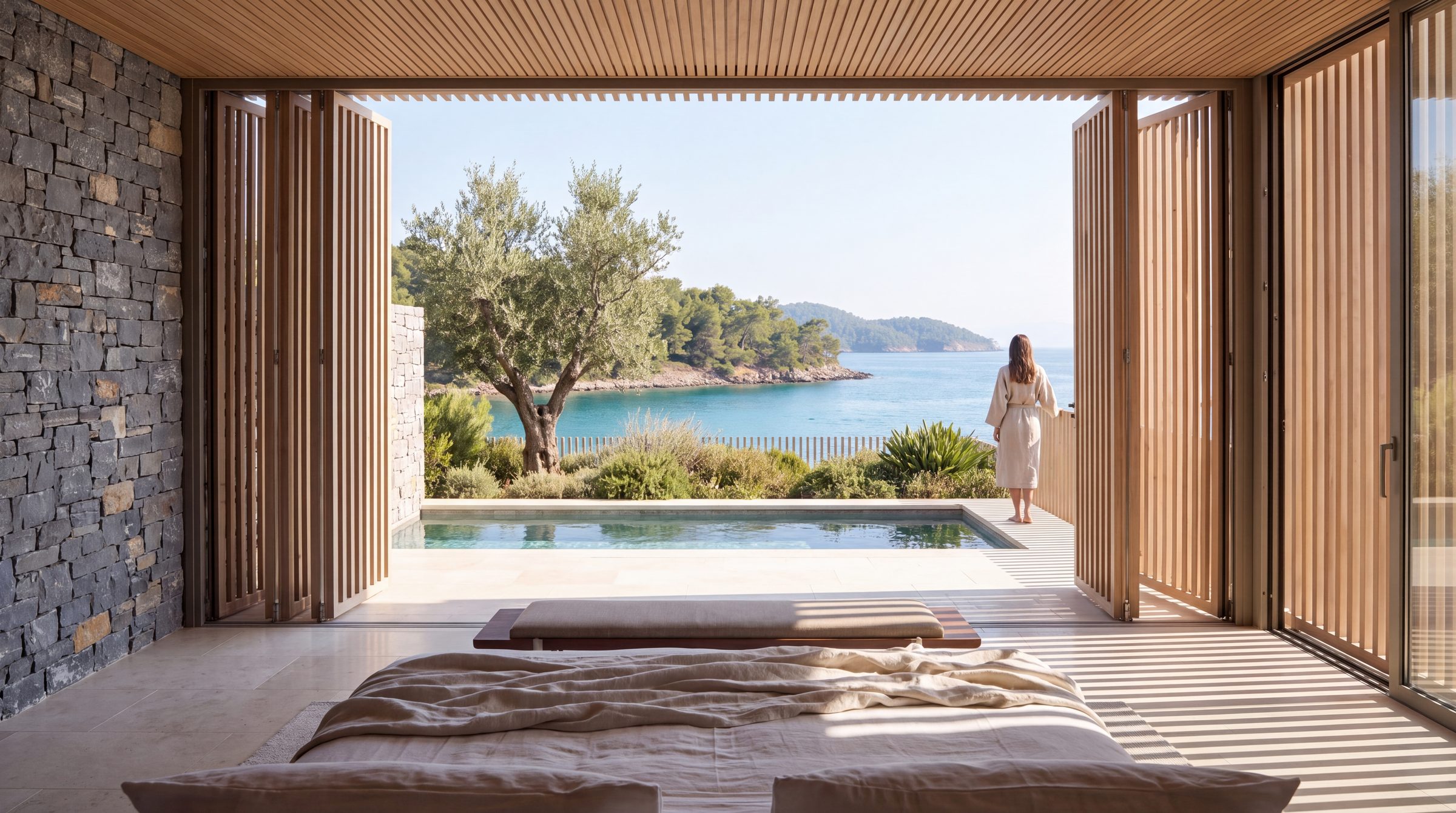 A room with its screen folded open to the sea