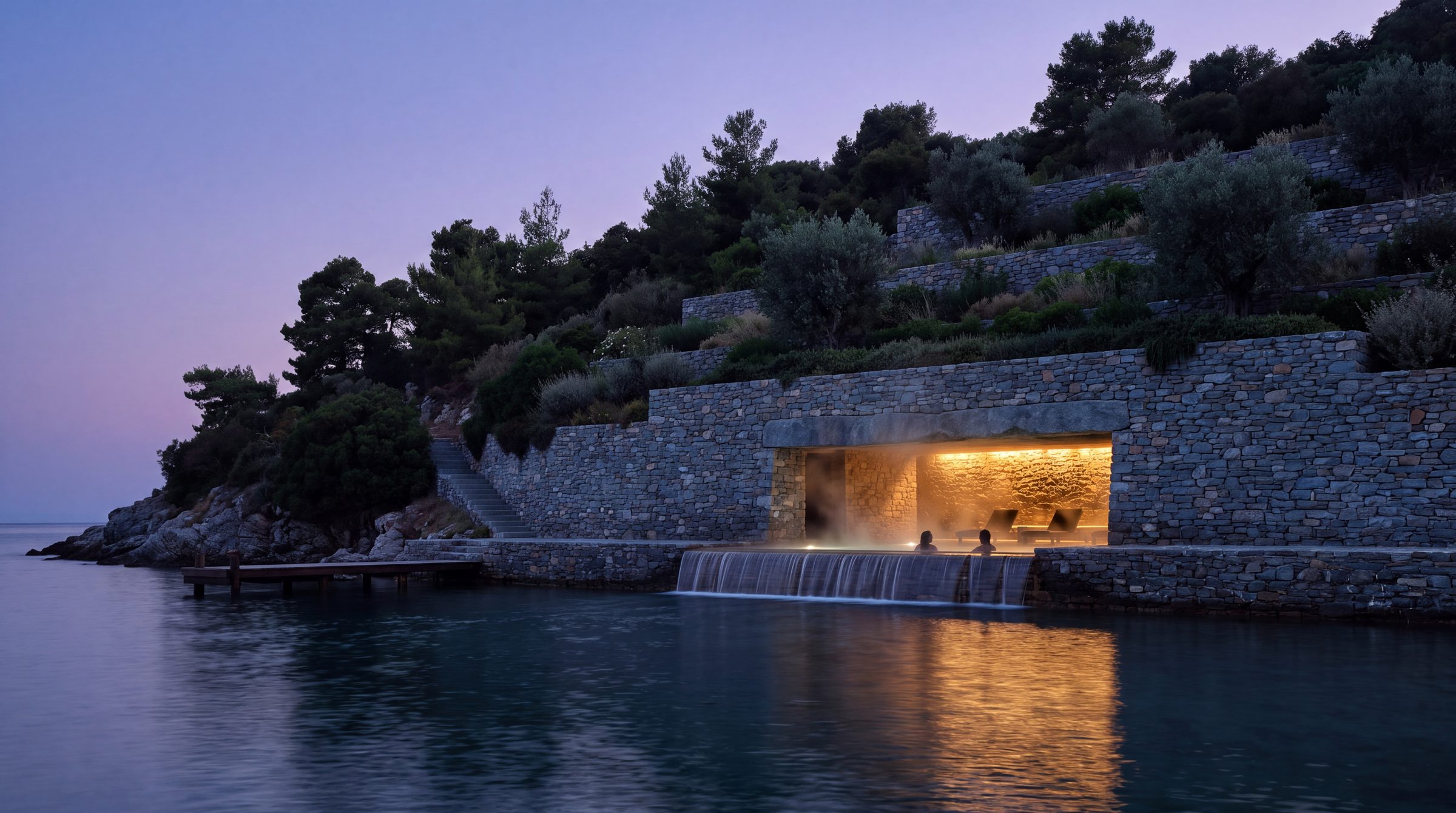 The spa carved into the last wall, at dusk