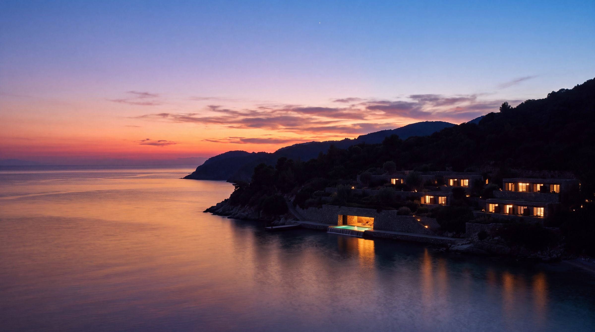 Lines of light on the headland at dusk
