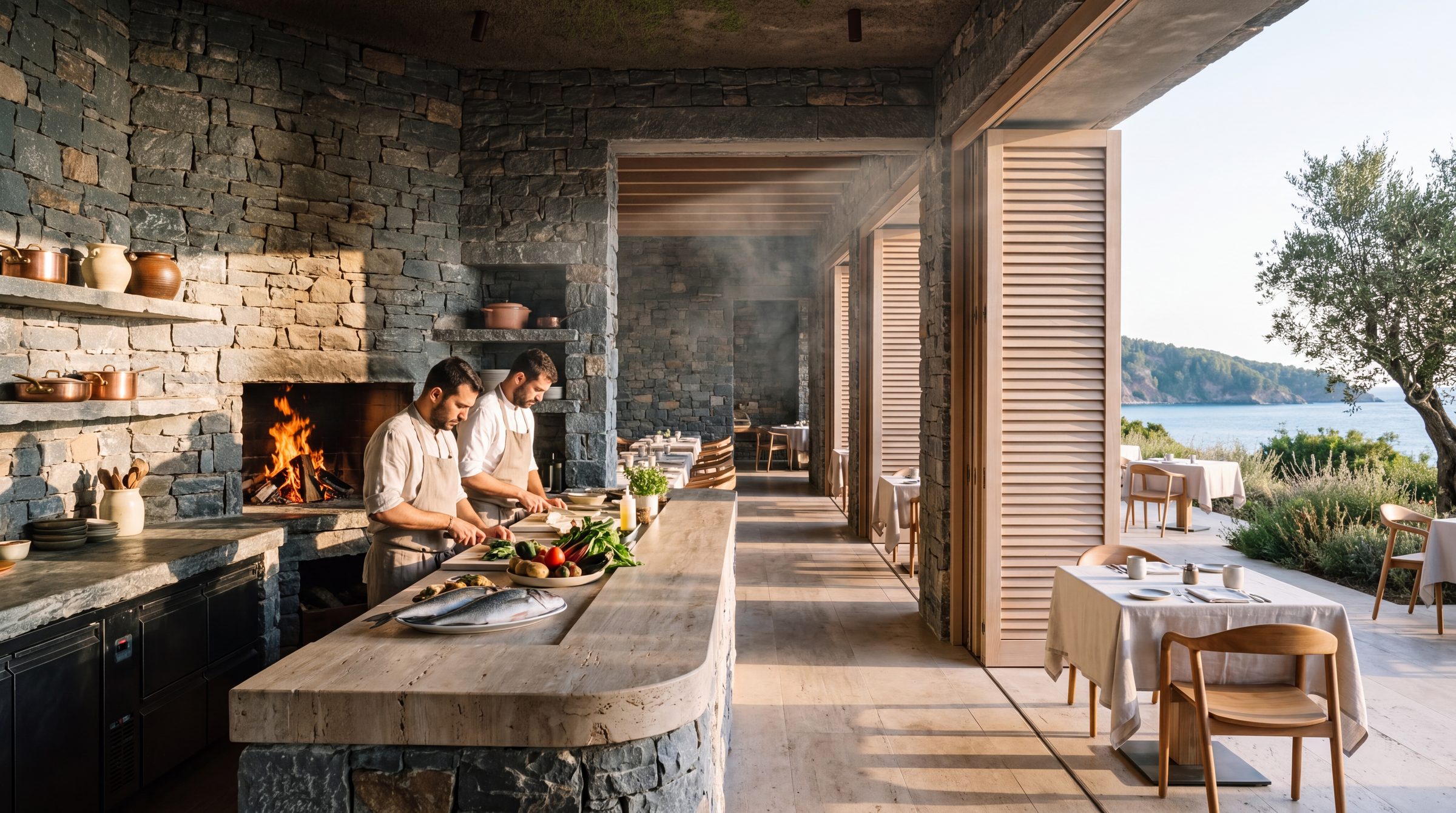 The restaurant kitchen open to the terrace