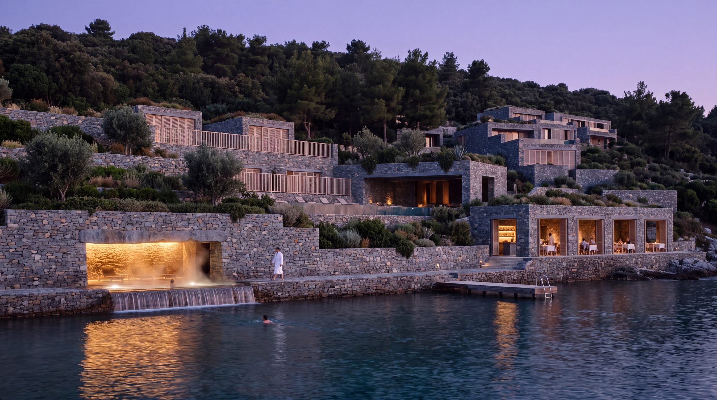 The headland from the sea at dusk