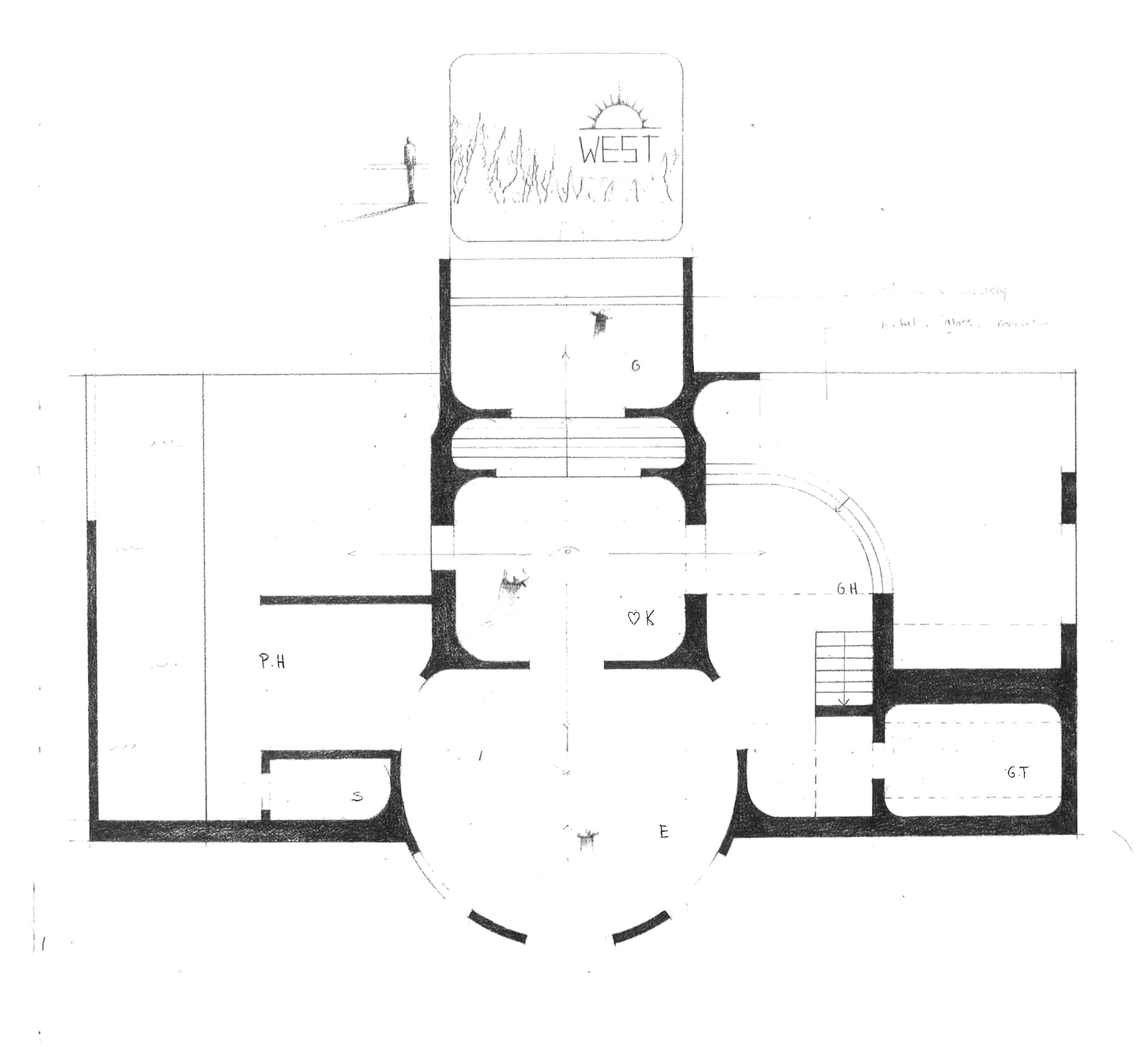 Hand drawn estate plan, west side