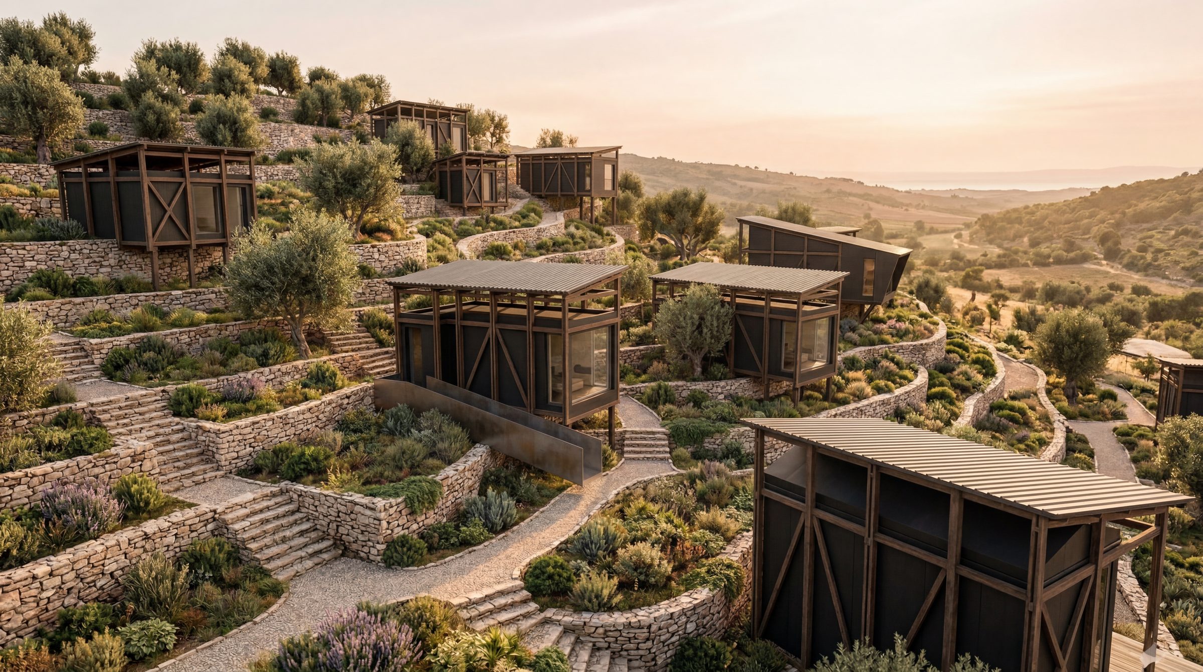 Terraces and pavilions across the hillside