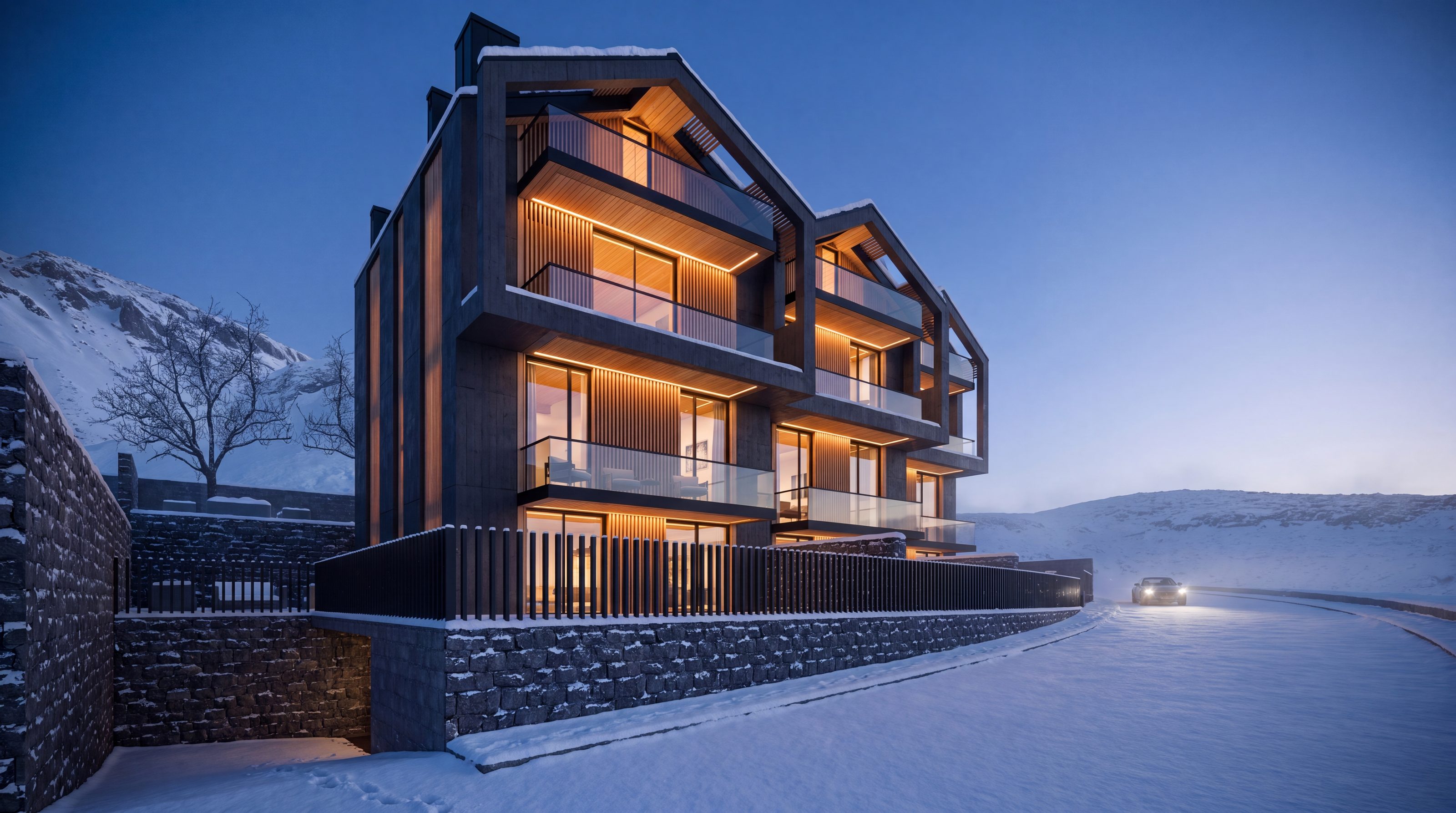 Faraya 4615, the gabled frames glowing at night