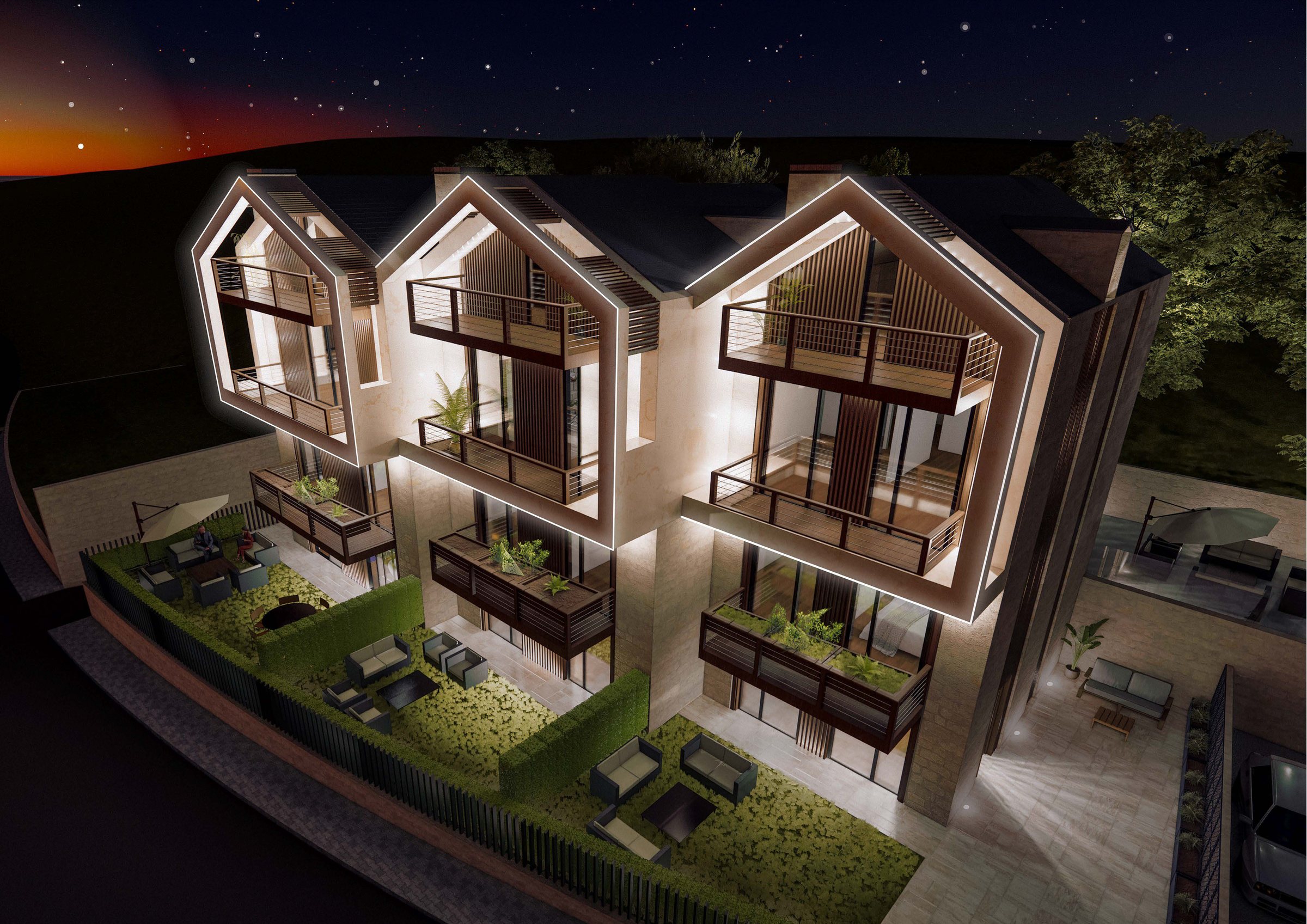 Aerial dusk view, the gabled frames glowing above planted garden terraces