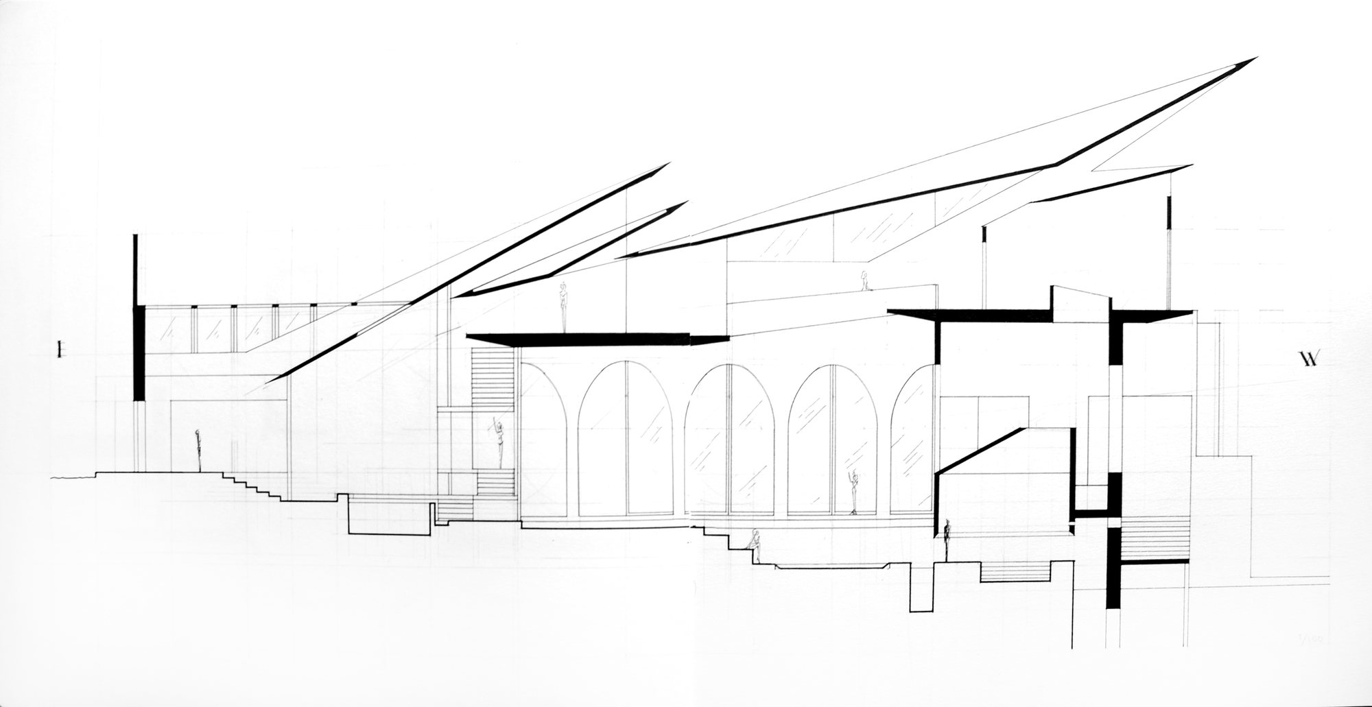 Graphite axonometric of stacked dwellings