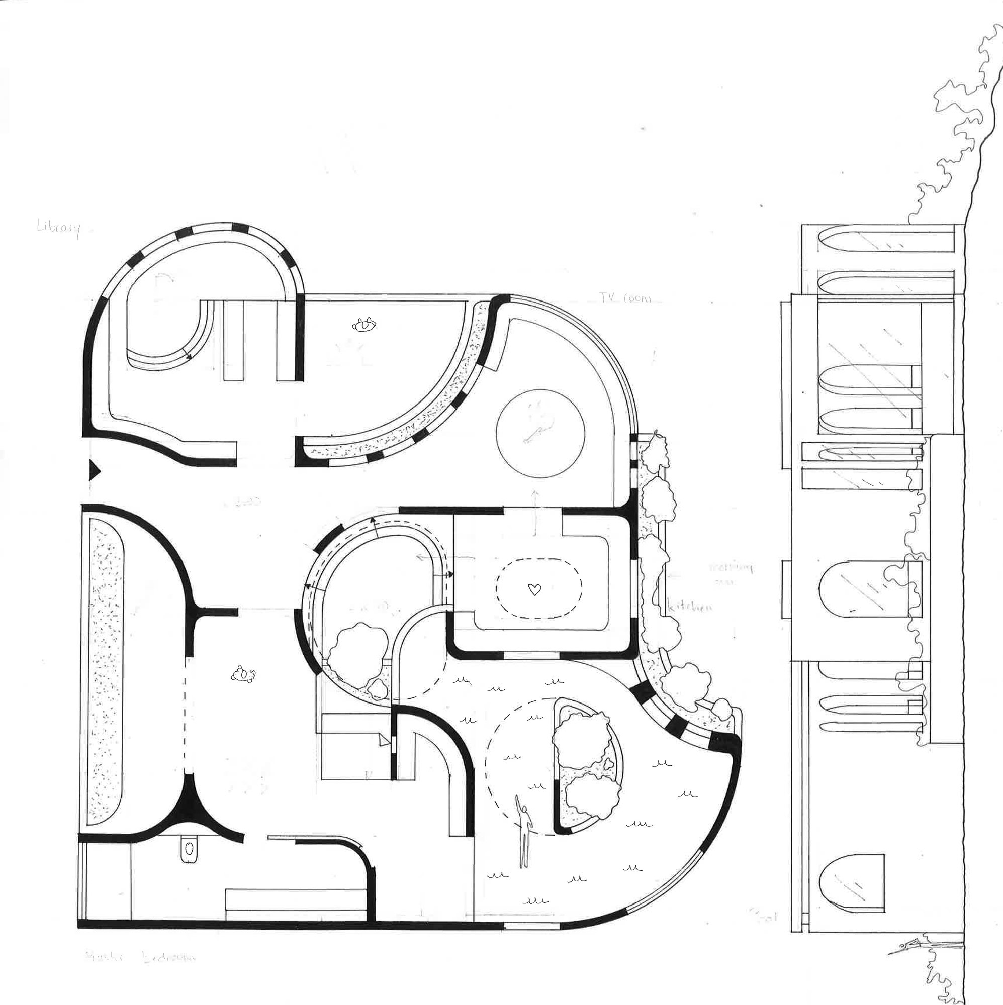 Plan study, house of the religious man with three podiums