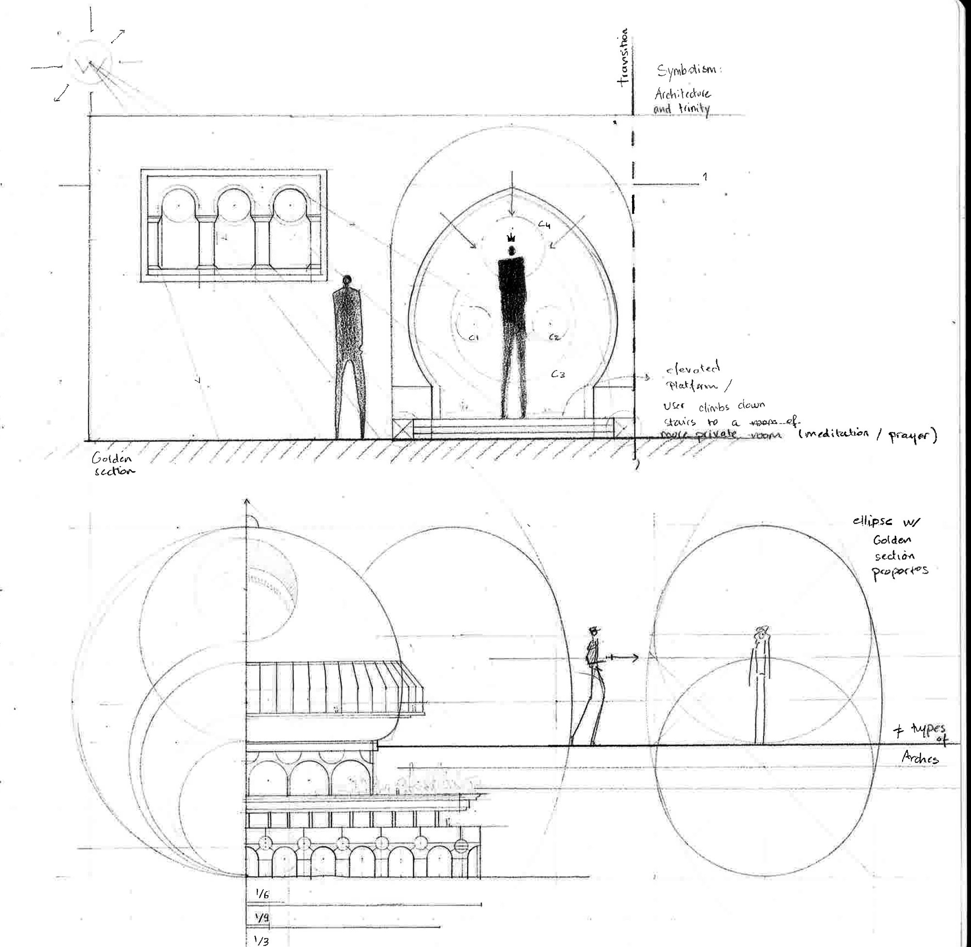 Ink section, winged roof planes over an arched colonnade